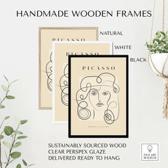 Picasso Woman Curly Hair Line Art Abstract Portrait Poster Modern Gallery Wall Art framed in natural, white, and black wood options.
