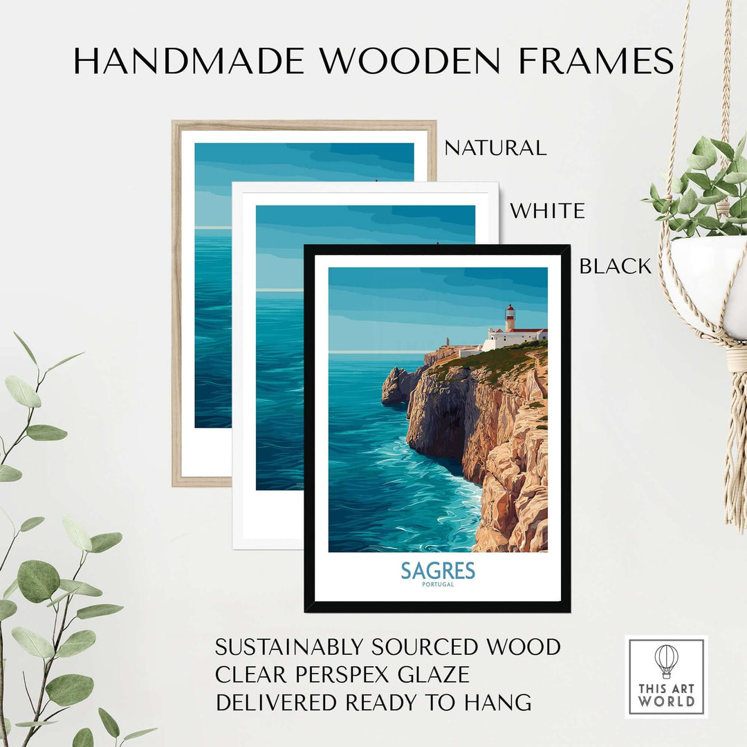 Sagres Portugal Cabo de São Vicente Art Print | Lighthouse Cliff Poster framed in handmade wooden frames.