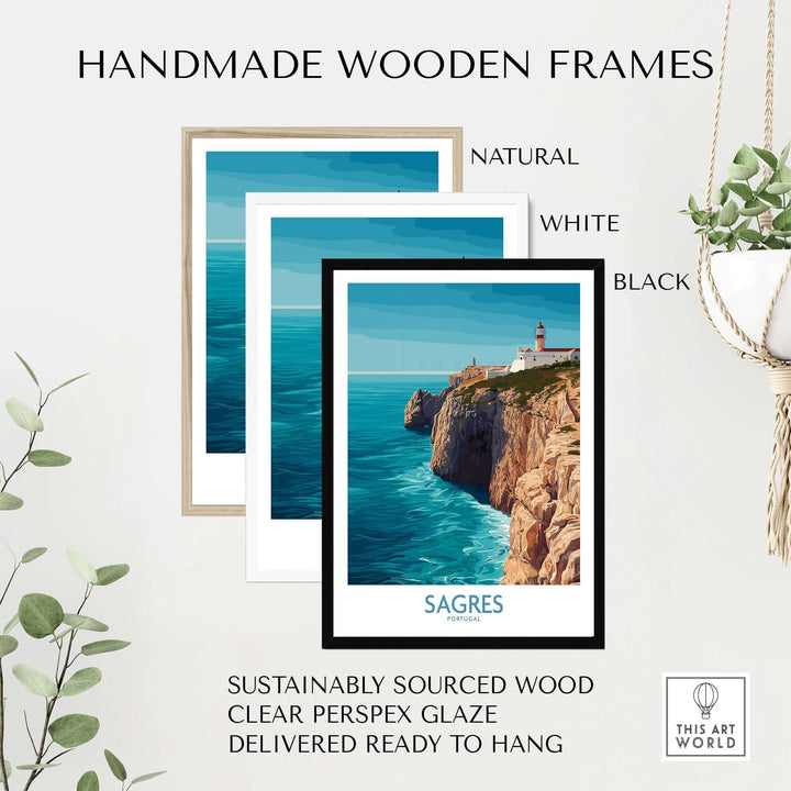 Sagres Portugal Cabo de São Vicente Art Print | Lighthouse Cliff Poster framed in handmade wooden frames.