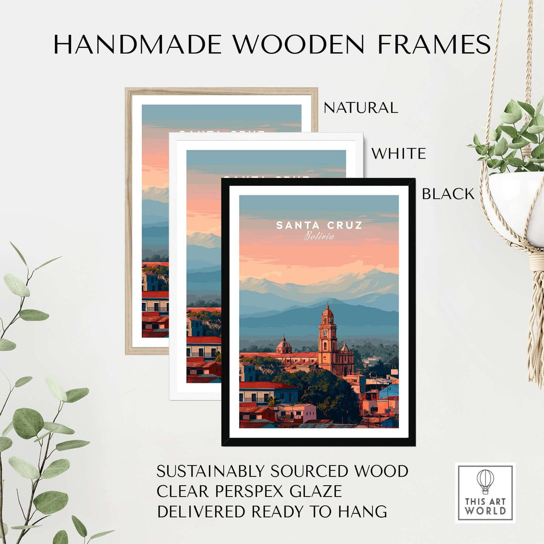 Handmade wooden frames for Santa Cruz City Print | Bolivian Home Wall Art in natural, white, and black finishes.
