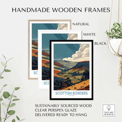 Handmade wooden frames in natural, white, and black colors for Scotland Valley Landscape Travel Print Scottish Borders Sheep Poster.