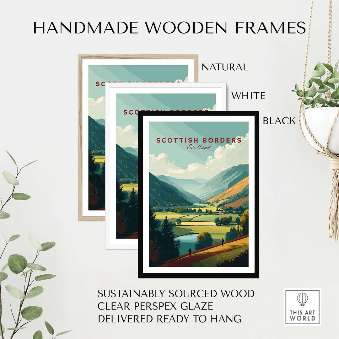 Handmade wooden frames for Scottish Borders travel prints in natural, white, and black finishes.