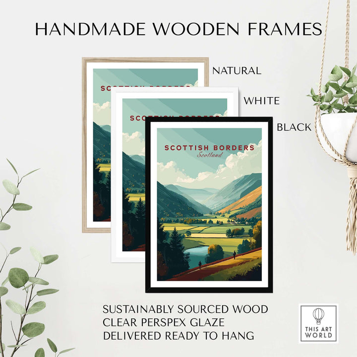 Handmade wooden frames for Scottish Borders travel prints in natural, white, and black finishes.