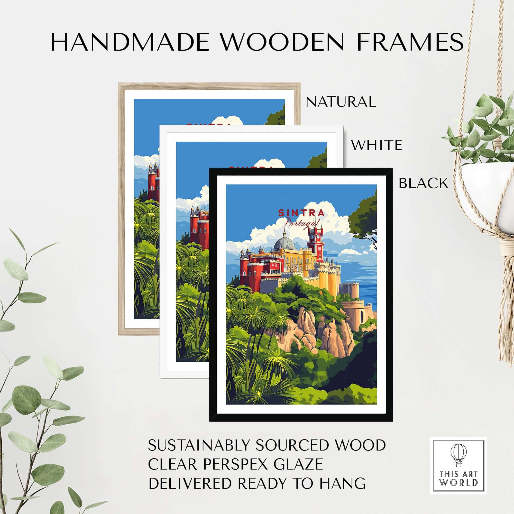 Sintra Poster | Portugal Print Pena Palace framed in natural, white, and black handmade wooden frames.
