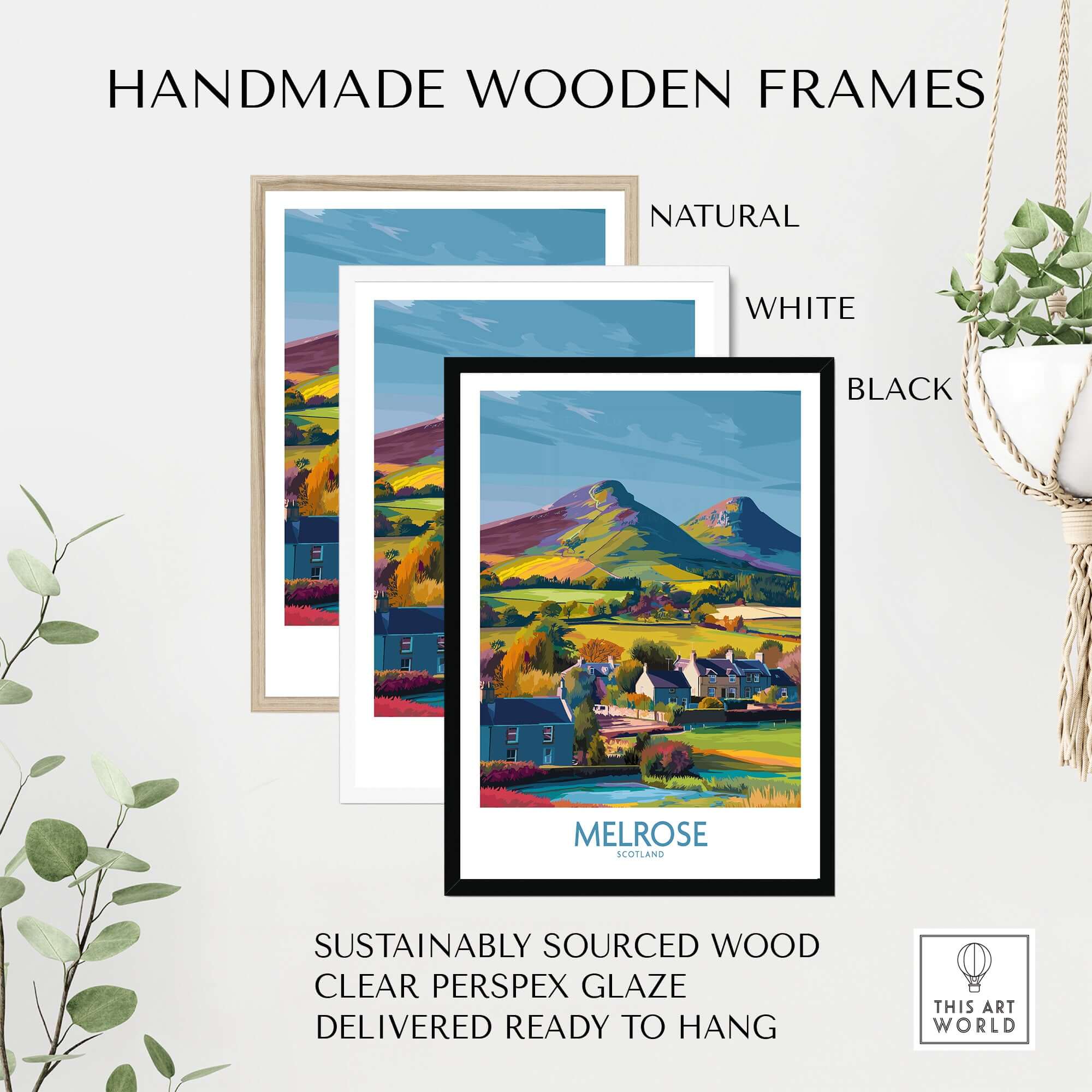 Scottish Borders Melrose Village Travel Poster Eildon Hills Print Scotland Wall Art in handmade wooden frames.