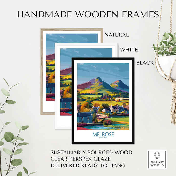 Handmade wooden frames in natural, white, and black for Melrose travel poster, ready to hang, sustainably sourced wood.
