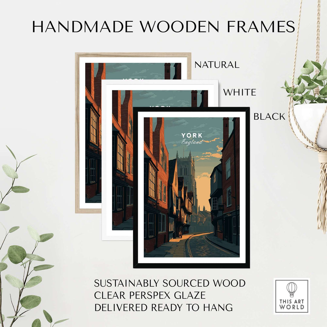 Handmade wooden frames in natural, white, and black for York England sunset print, ready to hang.