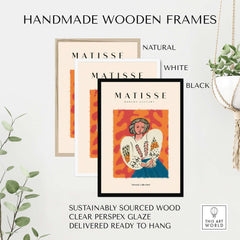 Matisse Art Prints - Woman White Blouse Blue Skirt Portrait Poster in handmade wooden frames, showcasing natural, white, and black options.