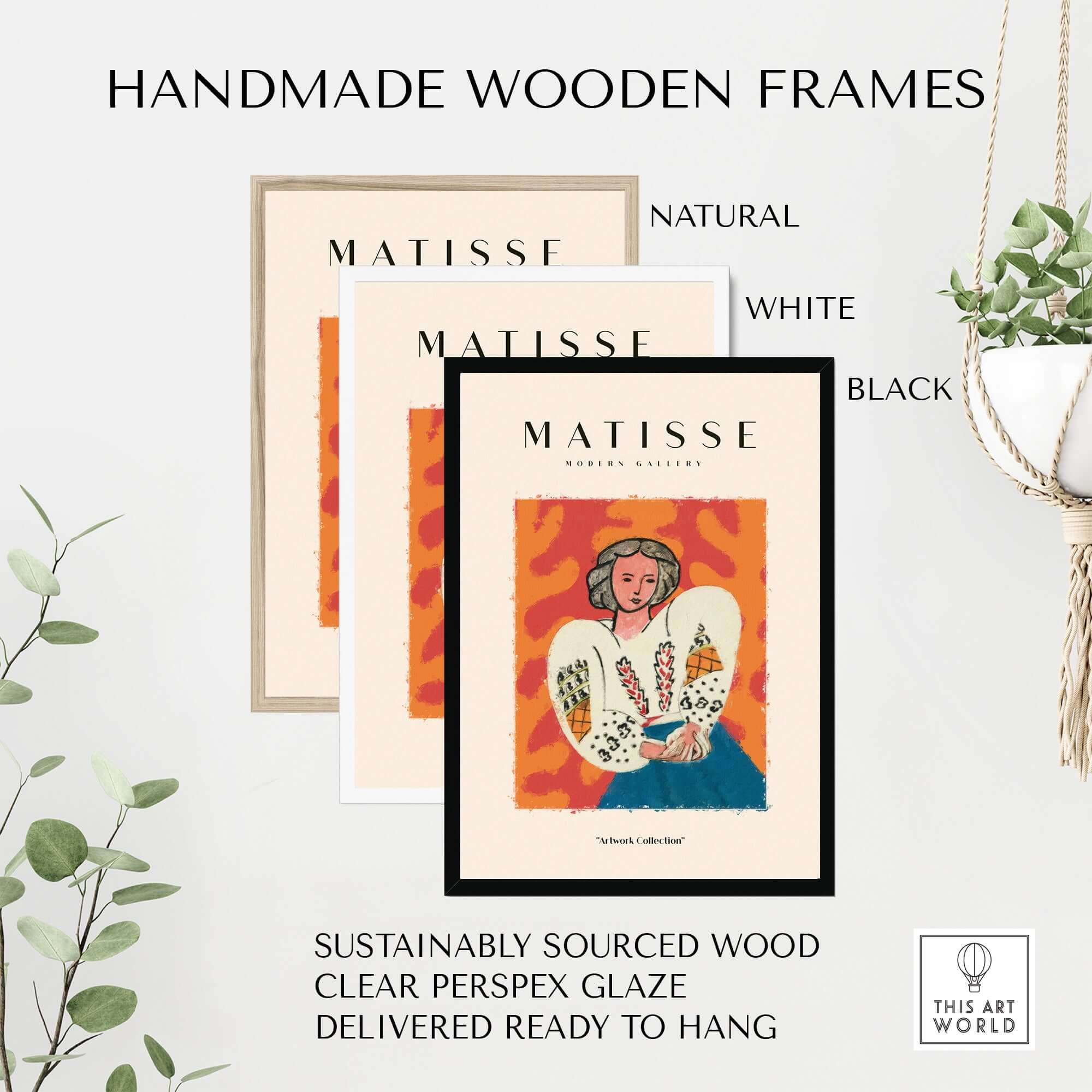 Matisse Art Prints - Woman White Blouse Blue Skirt Portrait Poster in handmade wooden frames, showcasing natural, white, and black options.