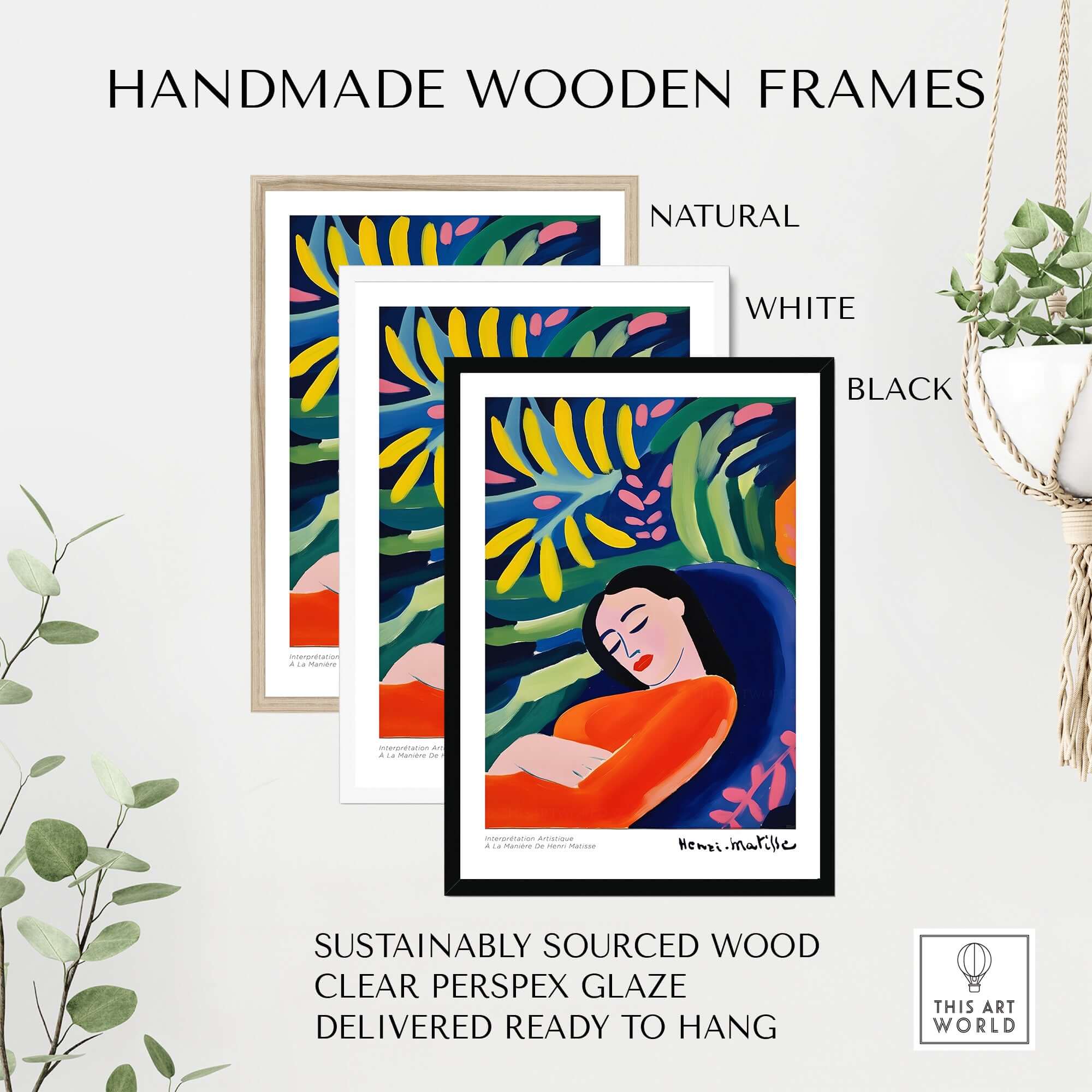Matisse Art Prints - Abstract Woman in Foliage Poster framed in handmade wooden frames in natural, white, and black options.