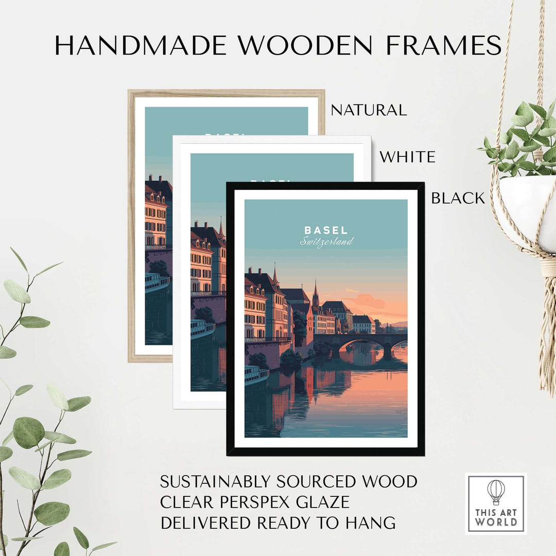 Handmade wooden frames in natural, white, and black for Basel sunset print, ready to hang and sustainably sourced.