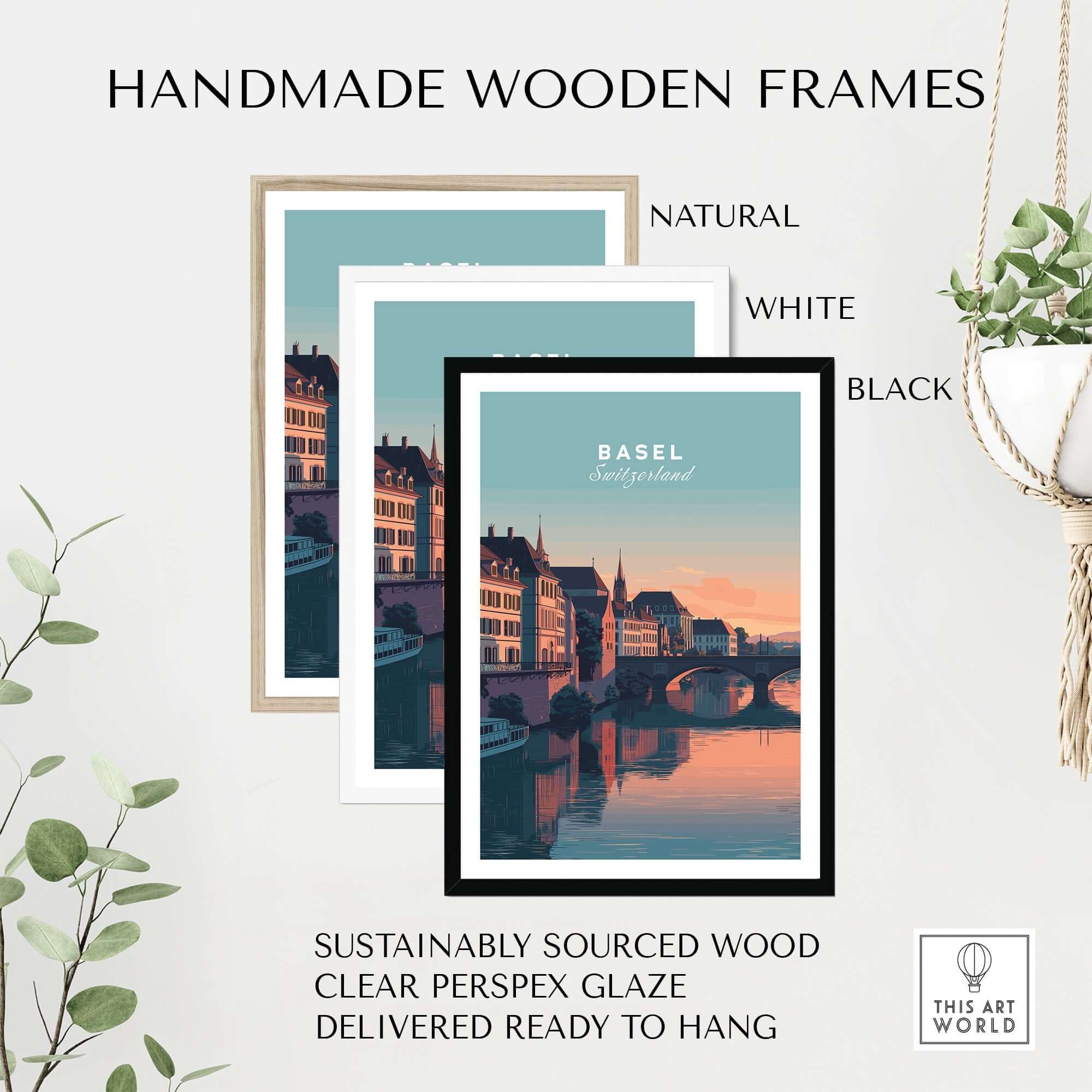 Basel Switzerland Rhine River Sunset Print - European Cityscape Wall Art in handmade wooden frames.