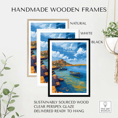 Gozo Xlendi Bay Beach Scene Print | Mediterranean Home Decor showcased in handmade wooden frames in natural, white, and black.