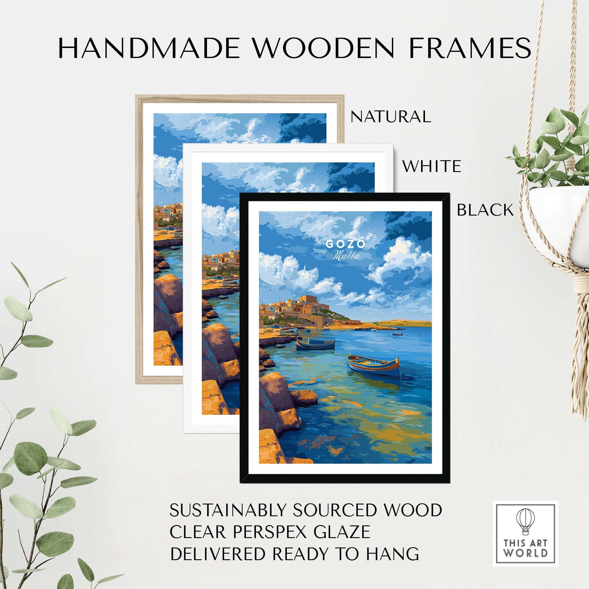 Gozo Xlendi Bay Beach Scene Print | Mediterranean Home Decor showcased in handmade wooden frames in natural, white, and black.