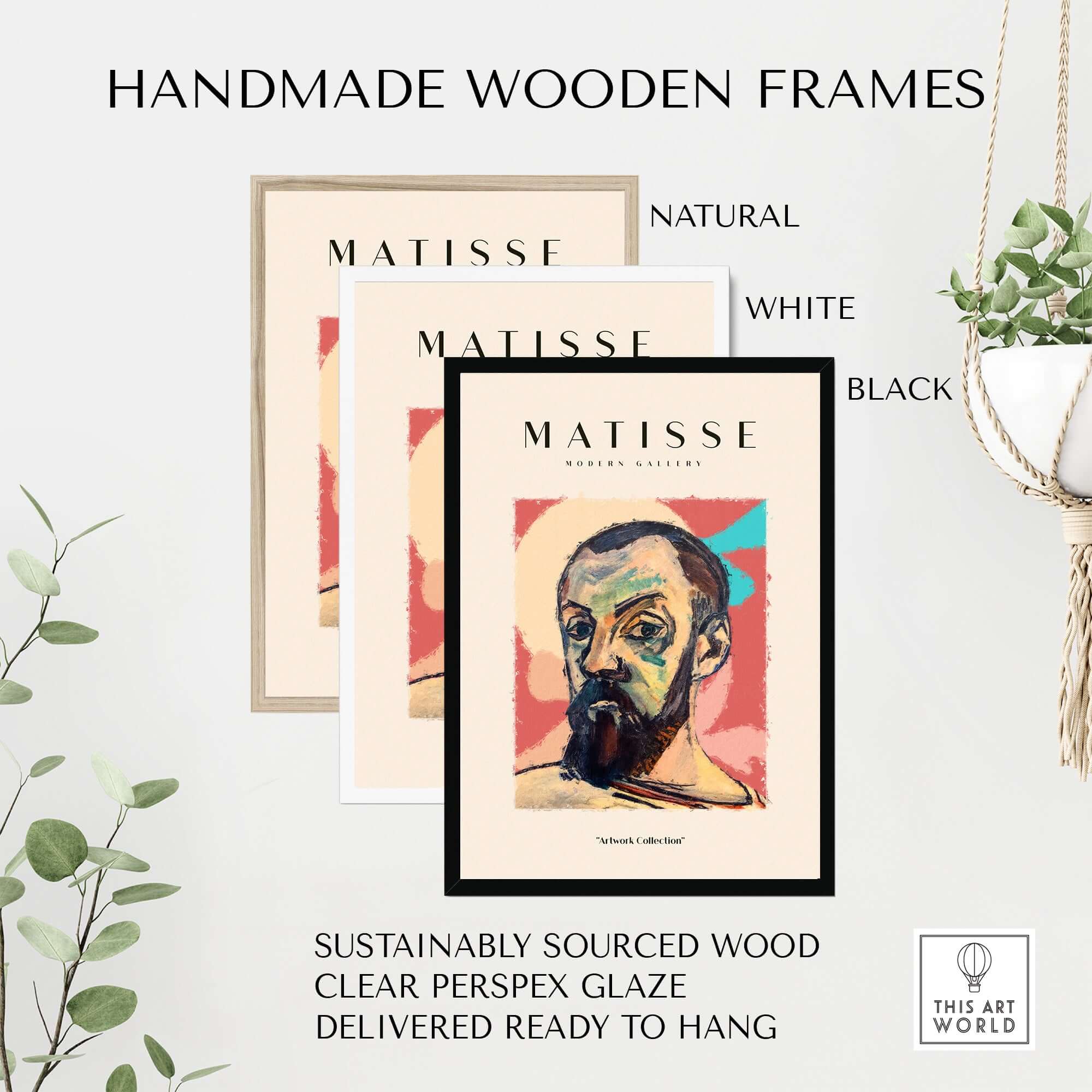 Matisse Art Prints - Expressive Self Portrait Poster framed in natural, white, and black handmade wooden frames.