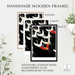 Exhibition Art Print Myriad of Flying Cranes Japanese Bird Pattern Poster Wall Art displayed in handmade wooden frames.