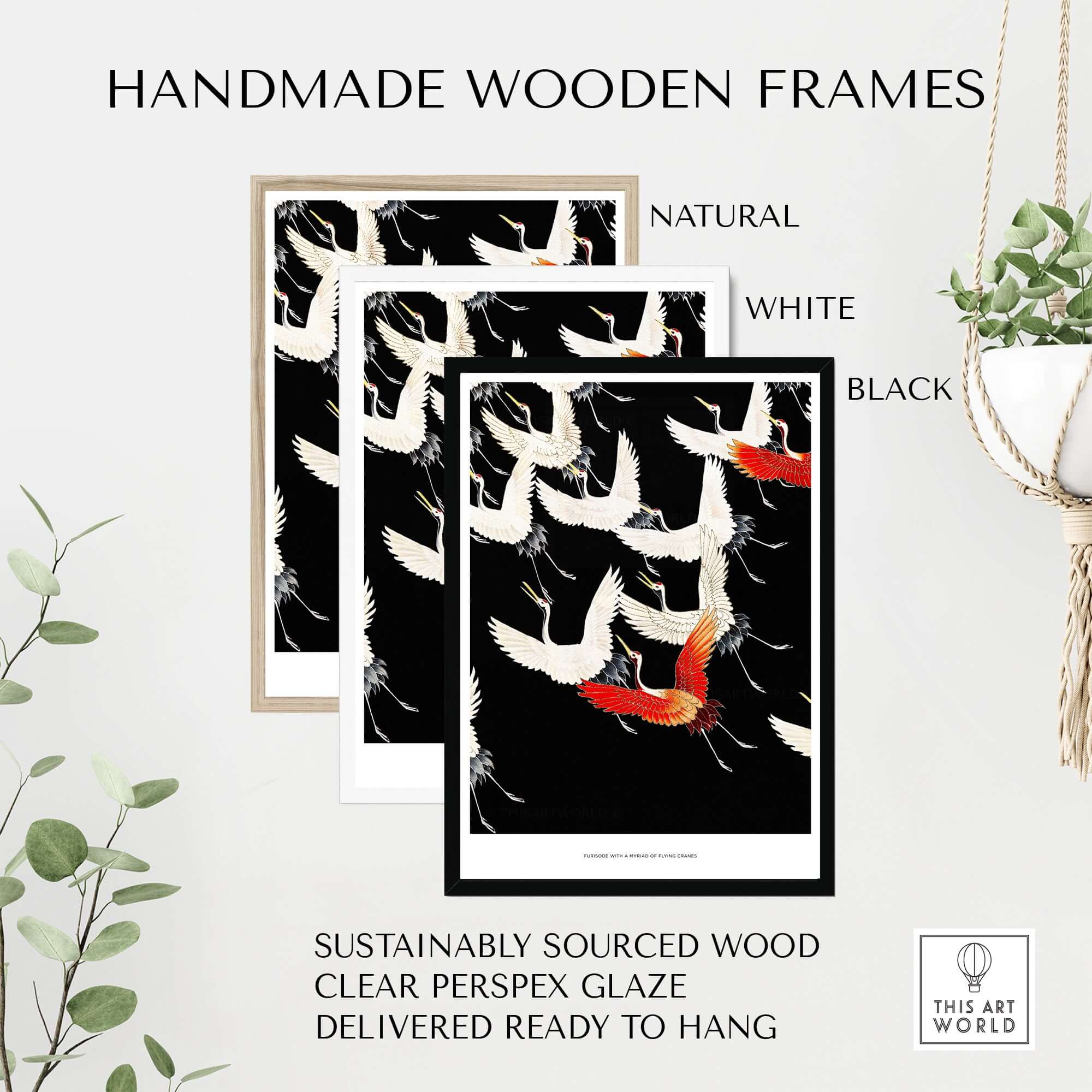 Exhibition Art Print Myriad of Flying Cranes Japanese Bird Pattern Poster Wall Art displayed in handmade wooden frames.