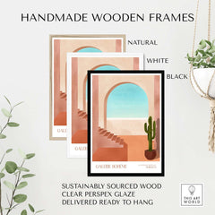 Galerie Bohème Moroccan Archway Cactus Art Print Terracotta Wall Decor Poster with handmade wooden frames in natural, white, and black.
