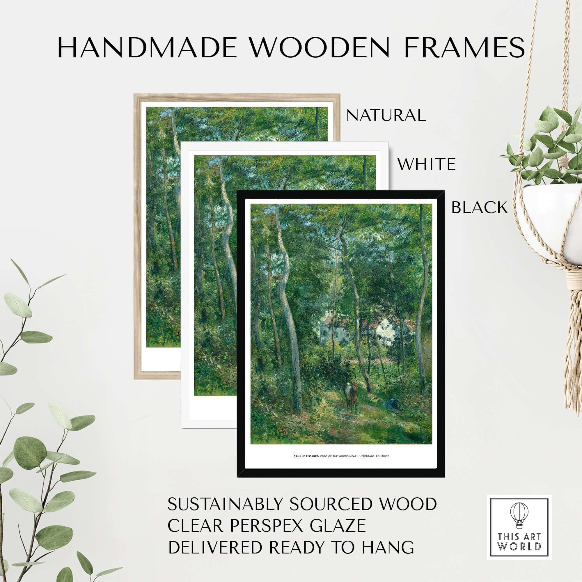 Handmade wooden frames in natural, white, and black finishes for Exhibition Art Print Camille Pissarro Edge of the Woods.