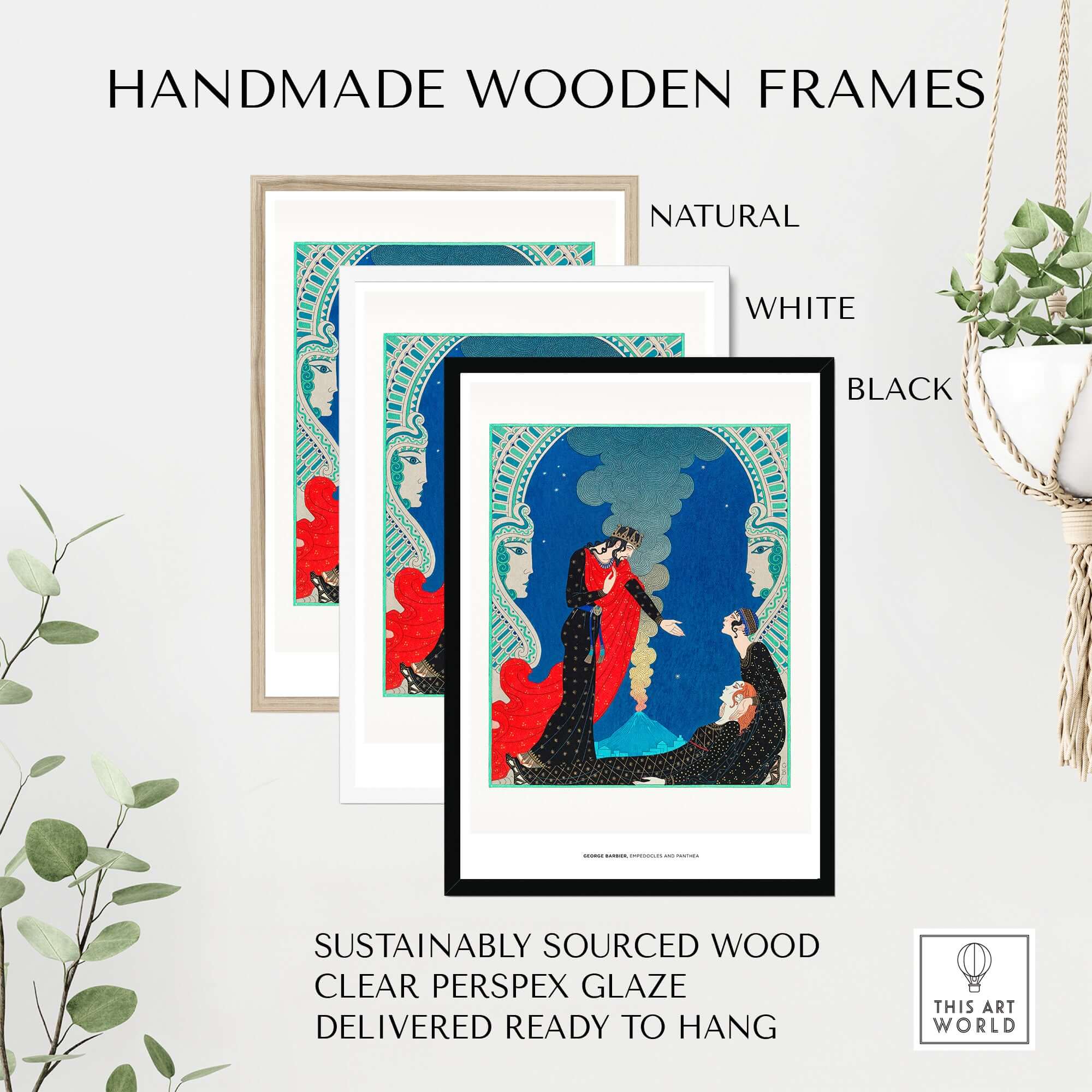 Handmade wooden frames in natural, white, and black, showcasing vibrant art prints ready to hang.