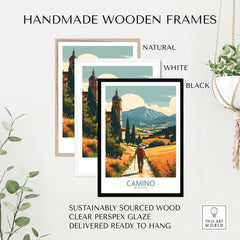 Camino de Santiago Golden Fields Art Print | Spanish Pilgrimage Poster displayed in handmade wooden frames.