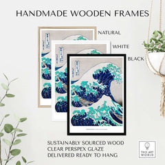 Handmade wooden frames in natural, white, and black for Exhibition Art Print Hokusai The Great Wave off Kanagawa Japanese Ukiyo-e Poster.