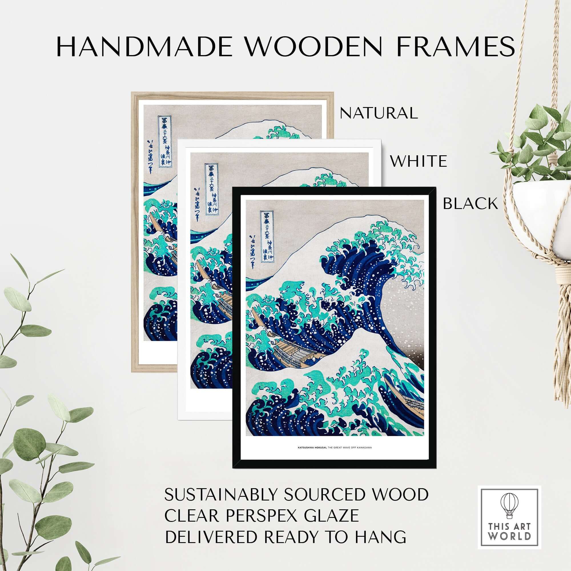 Handmade wooden frames in natural, white, and black for Exhibition Art Print Hokusai The Great Wave off Kanagawa Japanese Ukiyo-e Poster.