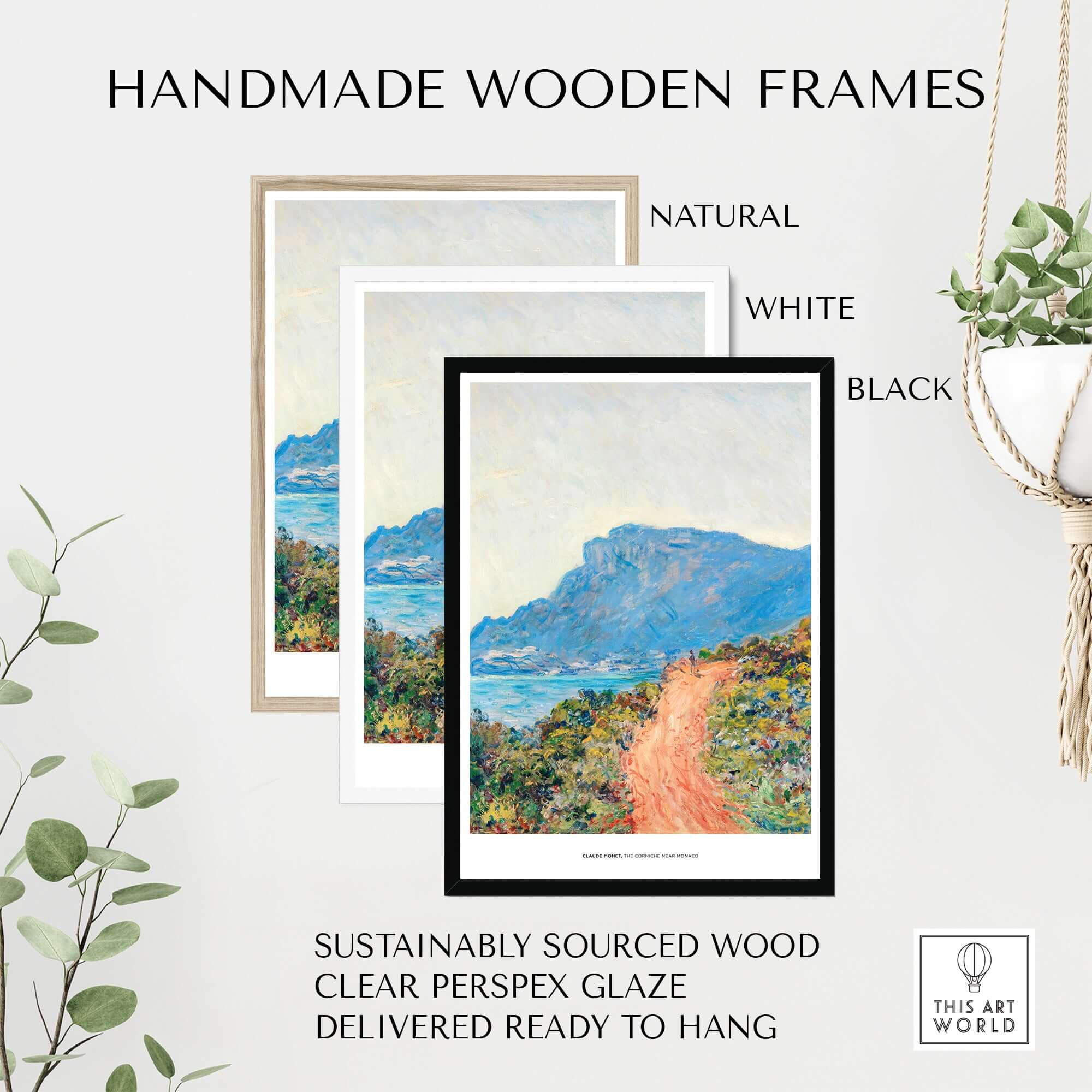 Exhibition Art Print Claude Monet The Corniche near Monaco Impressionist Landscape Poster framed in handmade wooden frames.