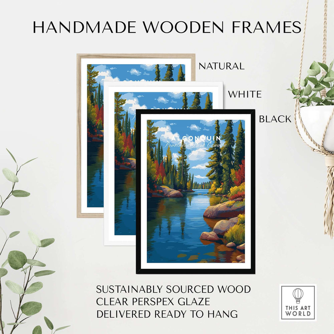 Algonquin Ontario Vibrant Riverside Landscape Print | Nature Wall Art in handmade wooden frames, natural, white, and black options.
