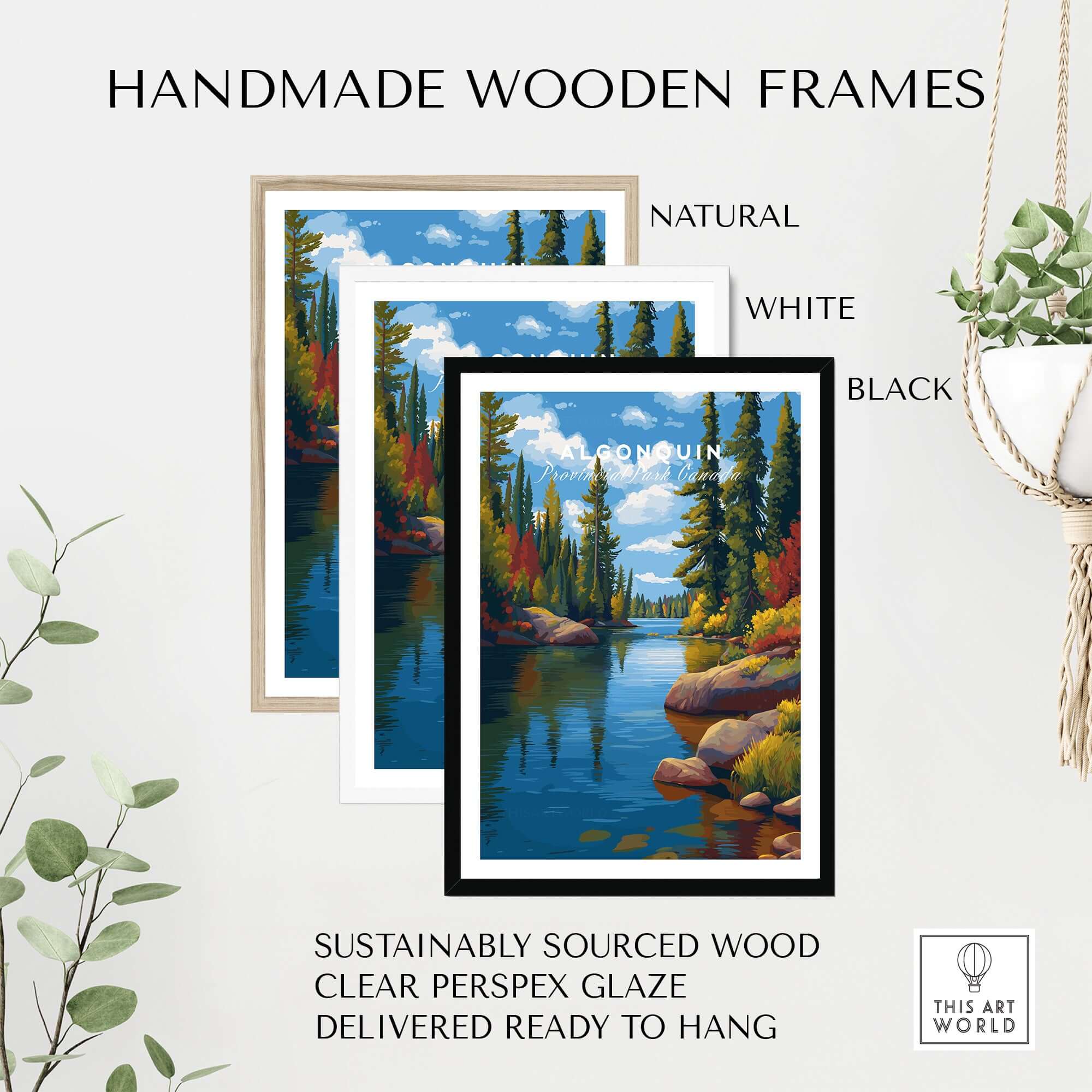 Handmade wooden frames in natural, white, and black for Algonquin Ontario Vibrant Riverside Landscape Print | Nature Wall Art.
