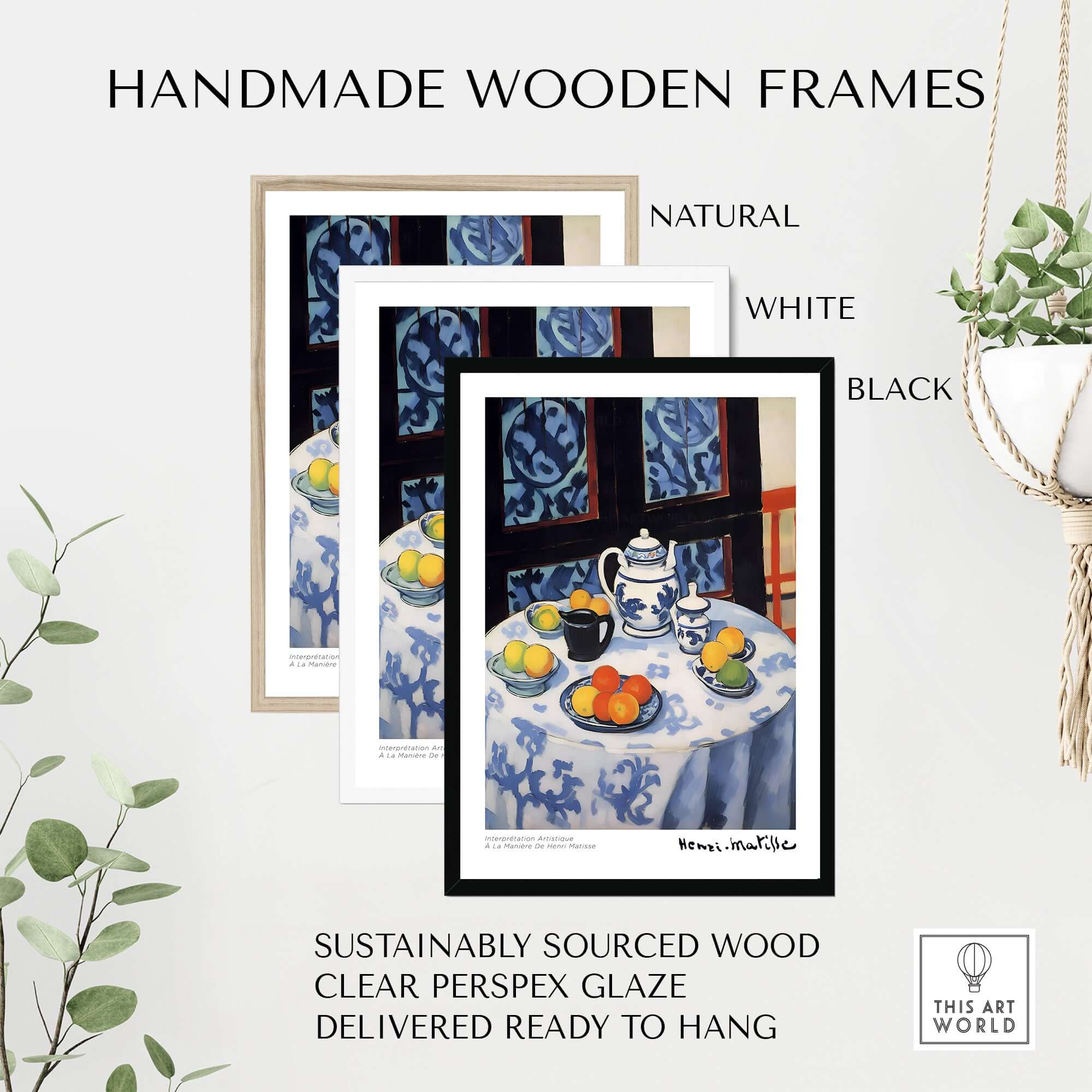 Matisse Art Prints - Still Life Blue Tablecloth Poster framed in handmade wooden frames, natural, white, and black.