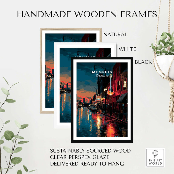 Handmade wooden frames in natural, white, and black finishes, showcasing sustainable design for Memphis art prints.