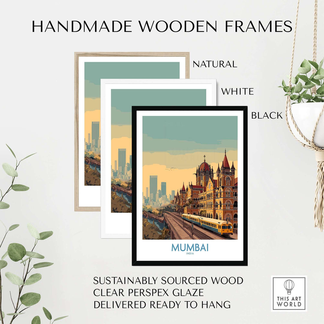 Handmade wooden frames for Mumbai Indian cityscape art, available in natural, white, and black finishes.