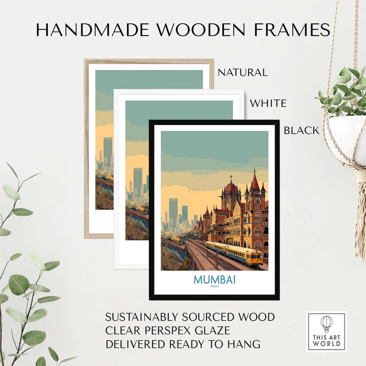 Handmade wooden frames for Mumbai Indian cityscape art, available in natural, white, and black finishes.