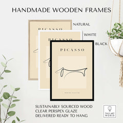 Handmade wooden frames for Picasso Dachshund Dog Line Art Minimalist Animal Poster Modern Gallery Print in natural, white, and black.