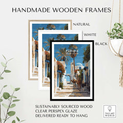 Tunisia Street Scene Print - Camels in the City Poster - Historic Town Wall Decor in handmade wooden frames.