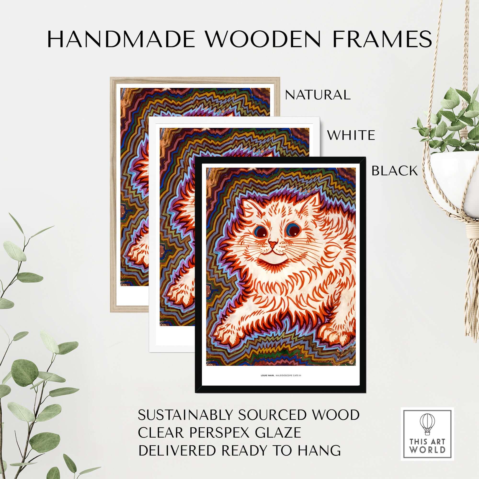 Kaleidoscope Cat Psychedelic Feline Poster Wall Art Louis Wain Exhibition Art Print with handmade wooden frames.