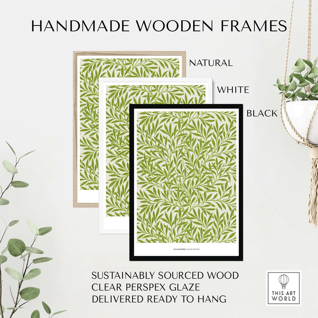 Handmade wooden frames for botanical art prints in natural, white, and black finishes, ready to hang.