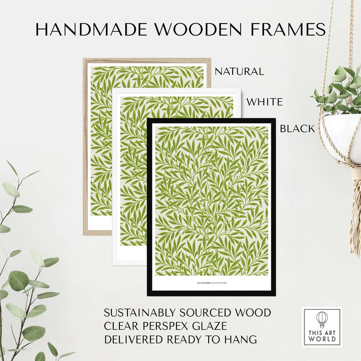 Handmade wooden frames for botanical art prints in natural, white, and black finishes, ready to hang.