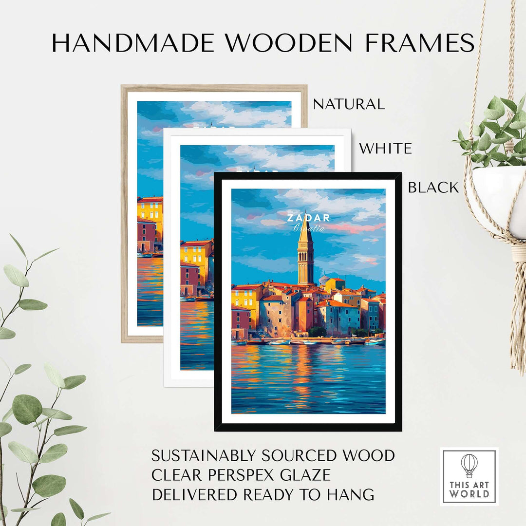 Zadar Poster | Croatian Travel Wall Art displayed in handmade wooden frames in natural, white, and black finishes.