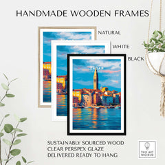 Zadar Poster | Croatian Travel Wall Art displayed in handmade wooden frames in natural, white, and black finishes.