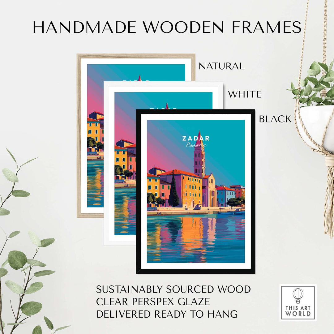 Zadar Print | Vibrant Croatian City Wall Decor displayed in handmade wooden frames available in natural, white, and black.