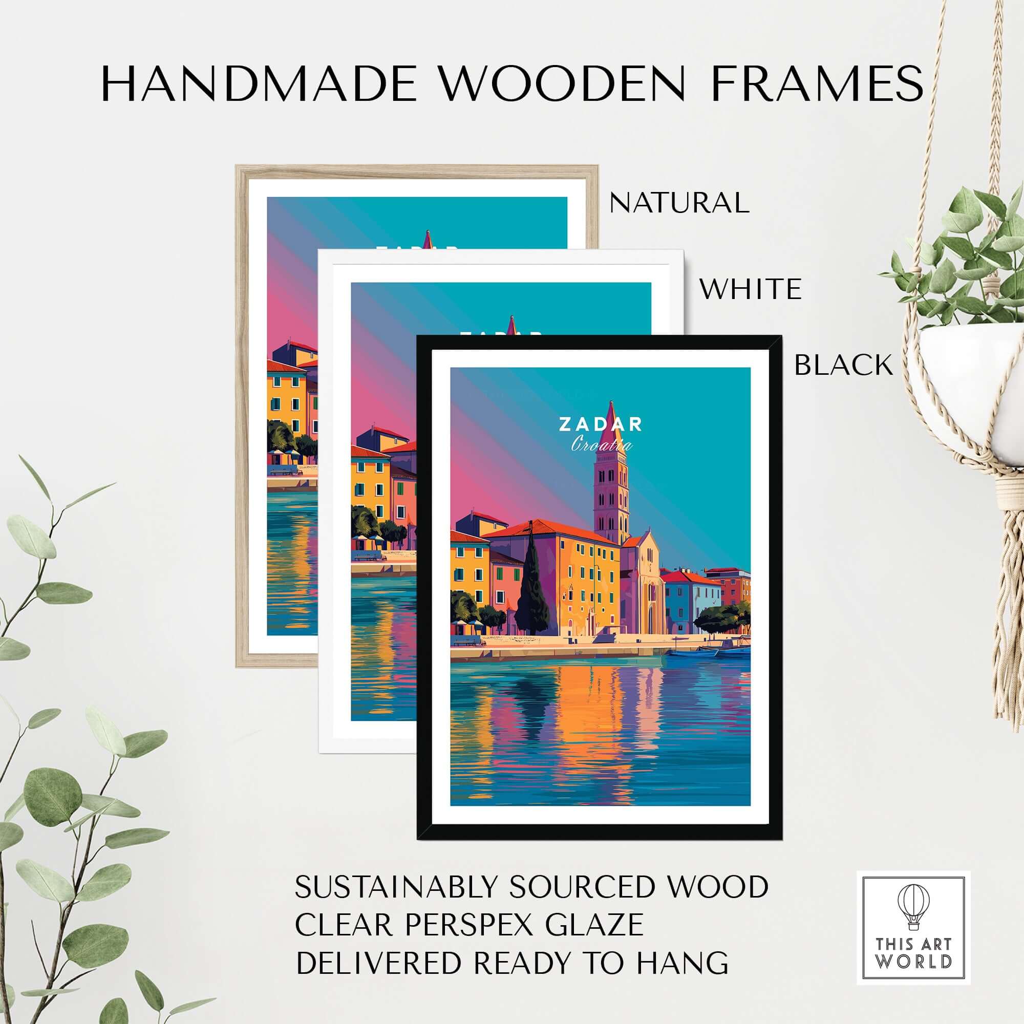 Zadar Print | Vibrant Croatian City Wall Decor displayed in three handmade wooden frames.