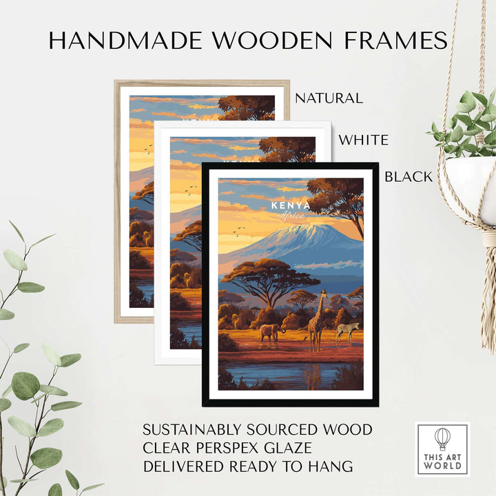 Handmade wooden frames in natural, white, and black for African wildlife art prints, sustainably sourced, ready to hang.