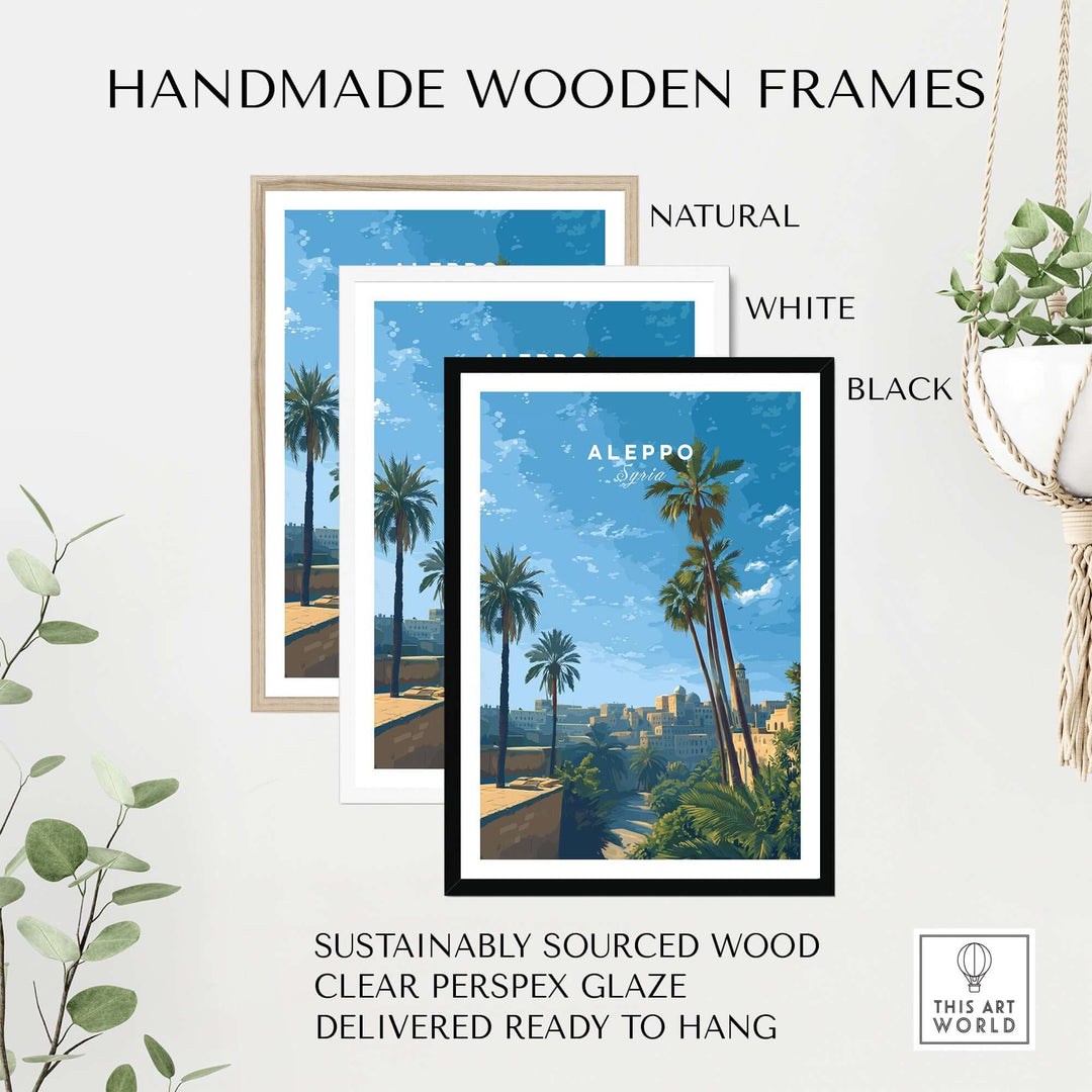 Handmade wooden frames in natural, white, and black for Aleppo Skyline poster; sustainably sourced and ready to hang.