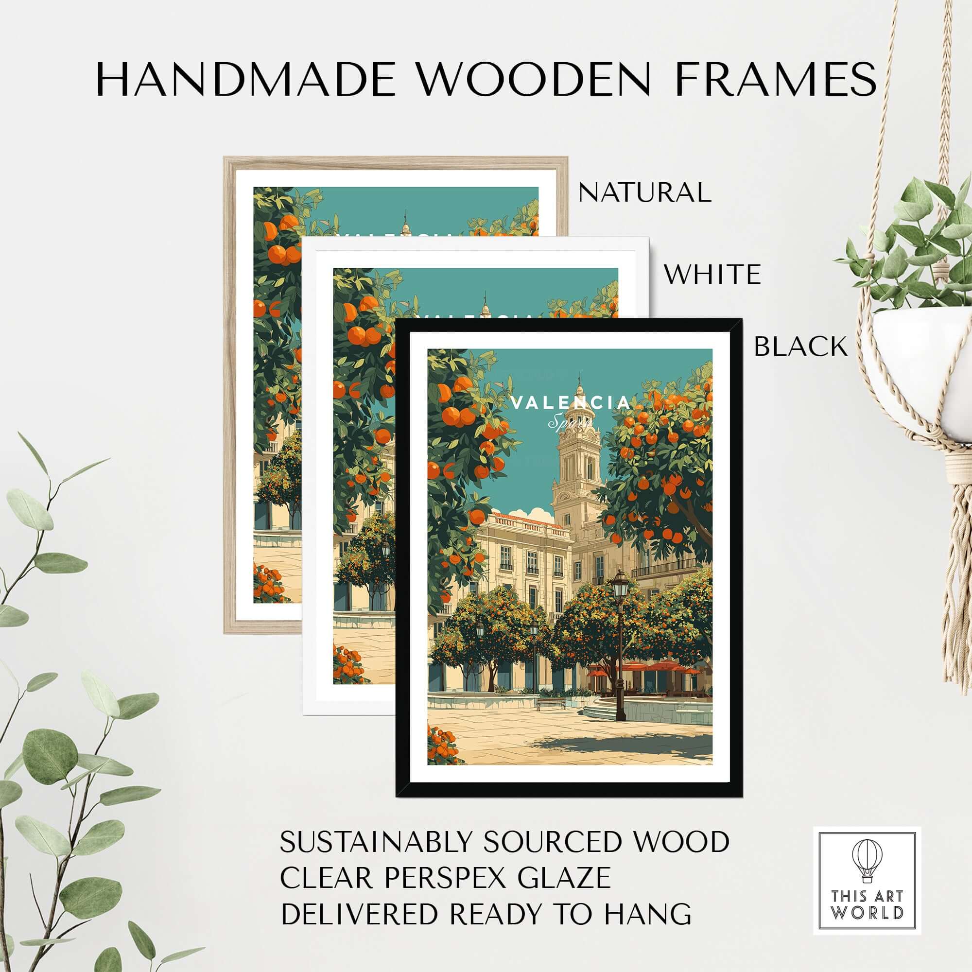 Handmade wooden frames in natural, white, and black for Valencia Spain Travel Print, sustainably sourced wood, ready to hang.