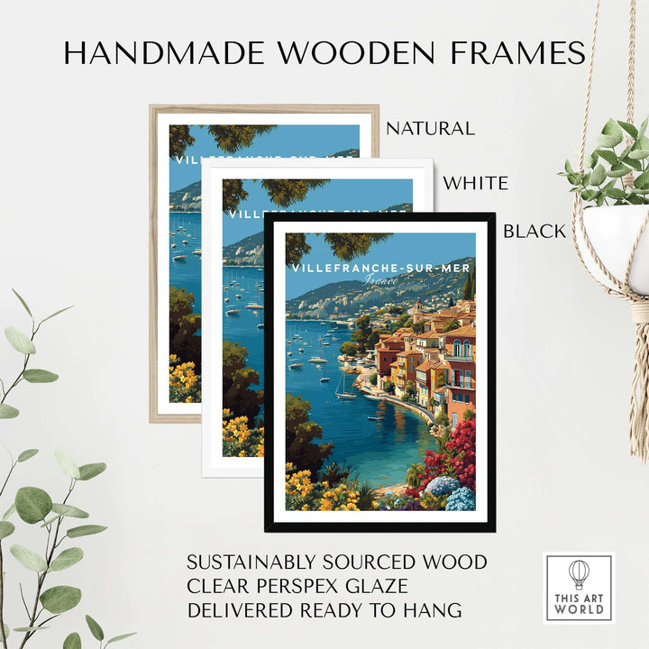 Handmade wooden frames in natural, white, and black for Villefranche-sur-Mer coastal print, ready to hang.