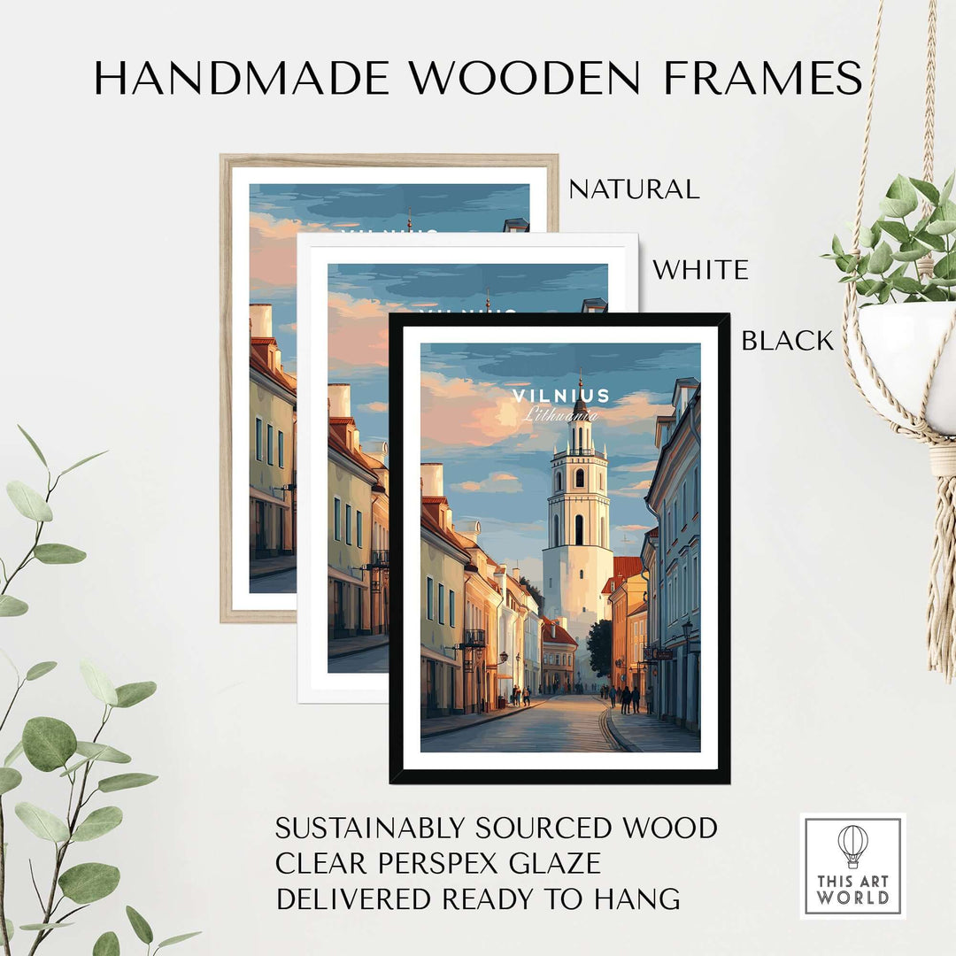 Handmade wooden frames in natural, white, and black for displaying Vilnius street scene prints.
