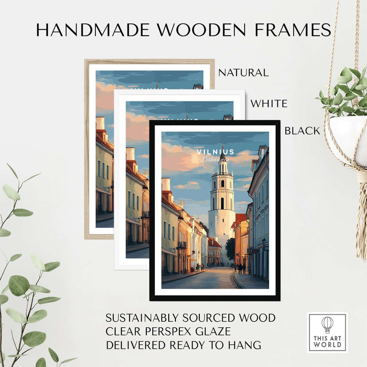 Handmade wooden frames in natural, white, and black for displaying Vilnius street scene prints.