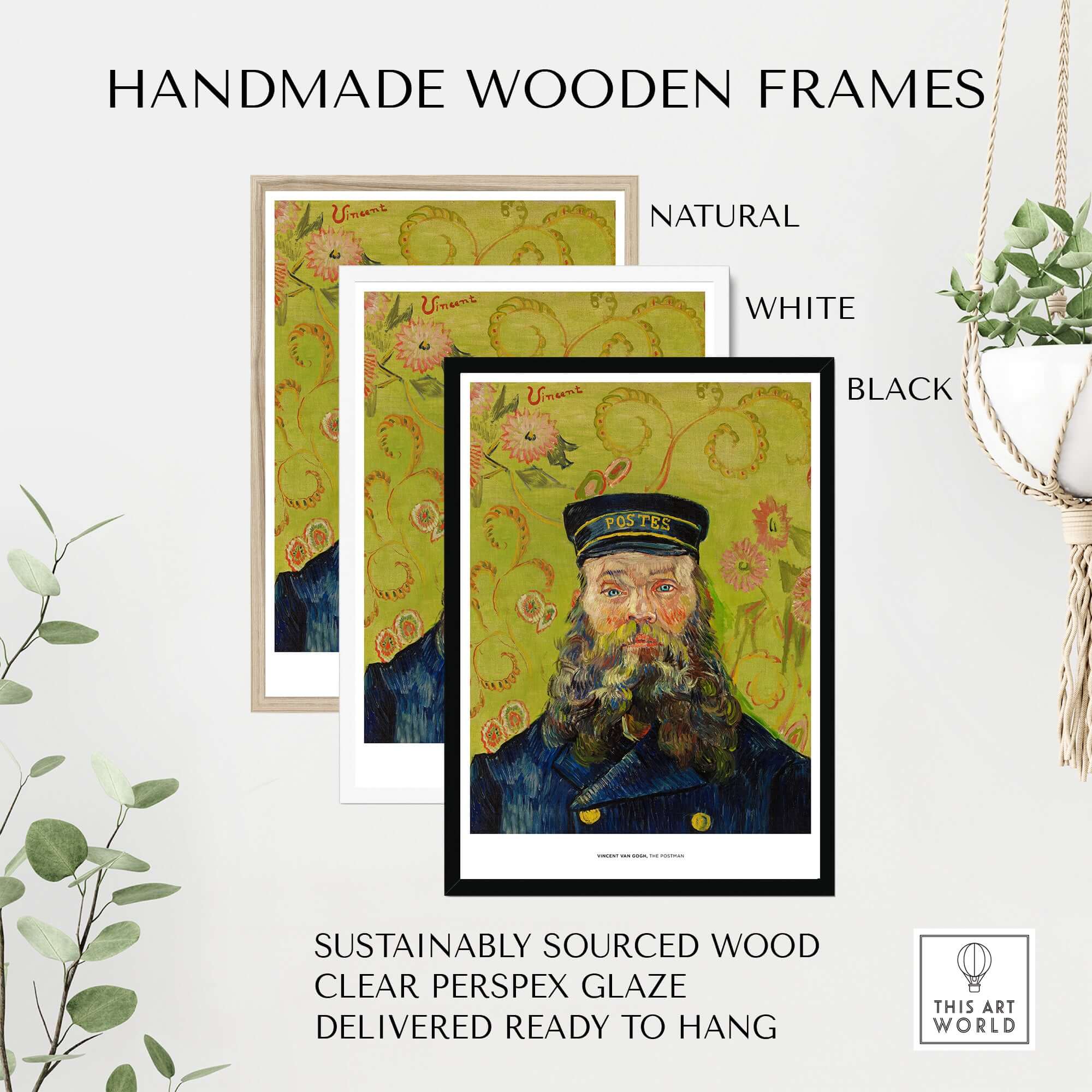 Handmade Wooden Frames for Vincent van Gogh art prints in natural, white, and black finishes.